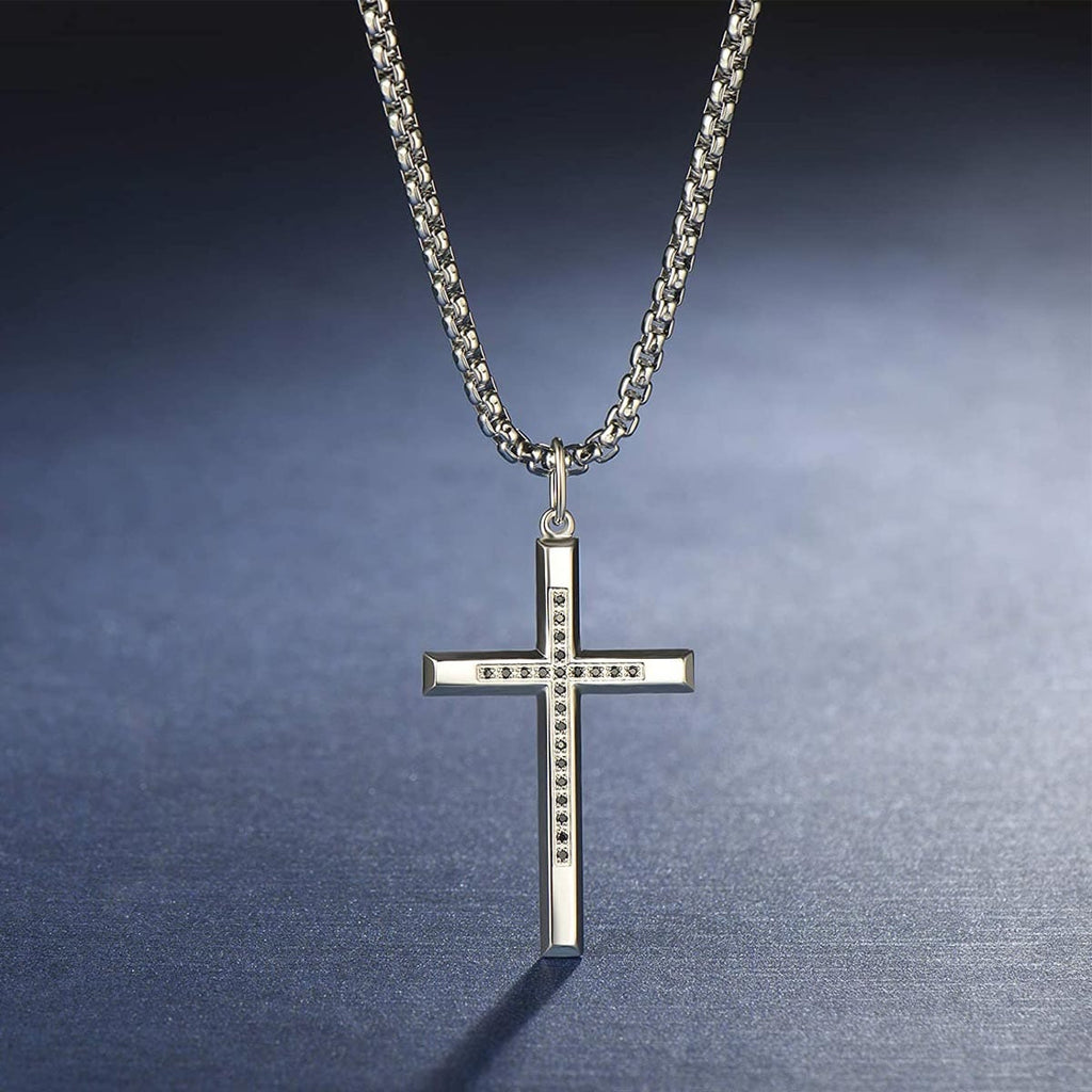 Fancime Men's Sterling Silver & Black Stone Cross Pendant Necklace